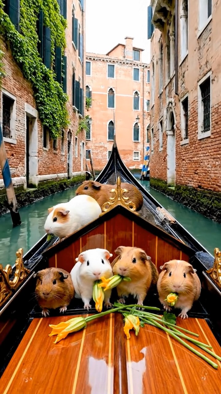 2037. Realistic image of 5 smooth-haired Rex guinea pigs in brown, cream, and fawn colors, munching on zucchini flowers, on a romantic gondola ride through narrow canals.