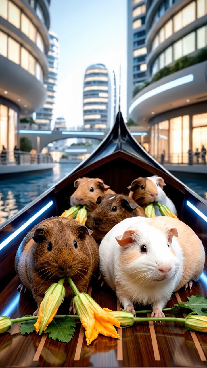 2037. Realistic image of 5 smooth-haired Rex guinea pigs in brown, cream, and fawn colors, munching on zucchini flowers, on a romantic gondola ride through narrow canals.