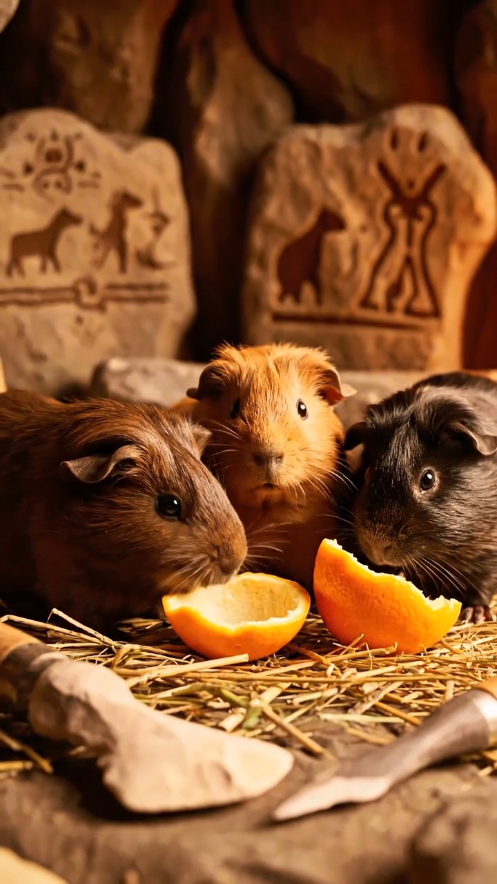 2038. Highly detailed view of 4 smooth-haired Coronet guinea pigs with chocolate, cinnamon, and sable fur, sharing orange peels, in a Stone Age cave dwelling with flint tools.