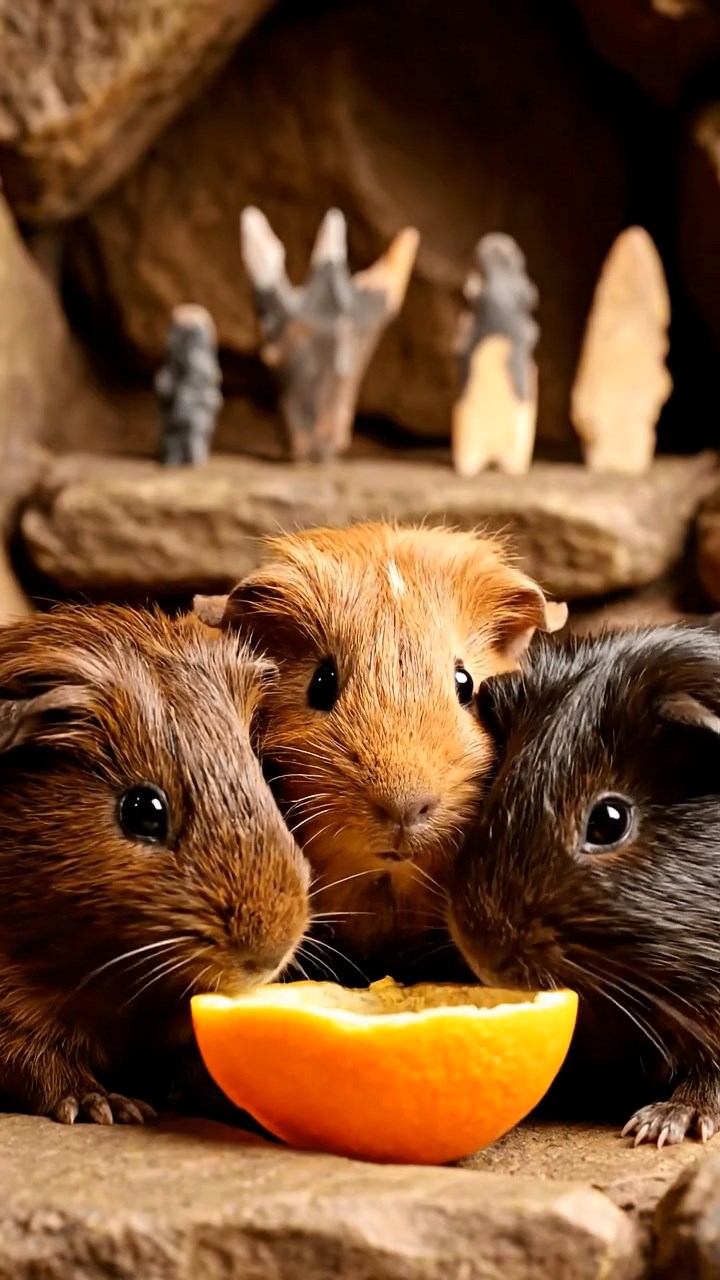 2038. Highly detailed view of 4 smooth-haired Coronet guinea pigs with chocolate, cinnamon, and sable fur, sharing orange peels, in a Stone Age cave dwelling with flint tools.
