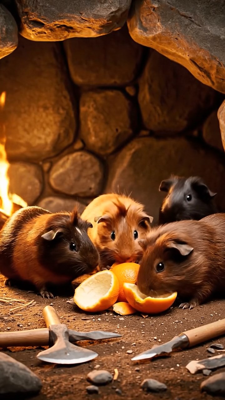 2038. Highly detailed view of 4 smooth-haired Coronet guinea pigs with chocolate, cinnamon, and sable fur, sharing orange peels, in a Stone Age cave dwelling with flint tools.