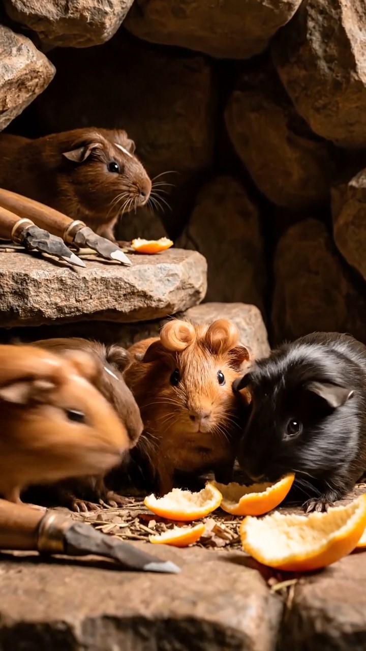 2038. Highly detailed view of 4 smooth-haired Coronet guinea pigs with chocolate, cinnamon, and sable fur, sharing orange peels, in a Stone Age cave dwelling with flint tools.