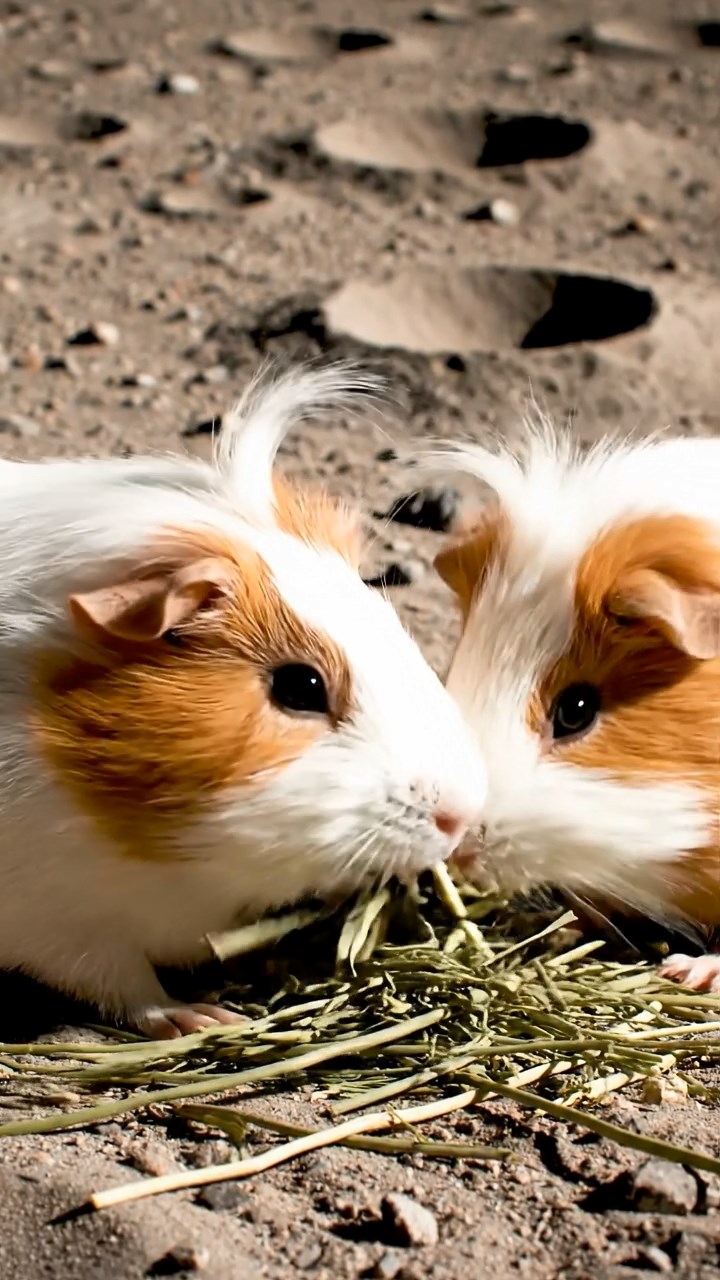 2039. Photorealistic scene of 2 smooth-haired White Crested guinea pigs featuring white and orange coats, eating alfalfa hay, on a barren moon landscape with craters.