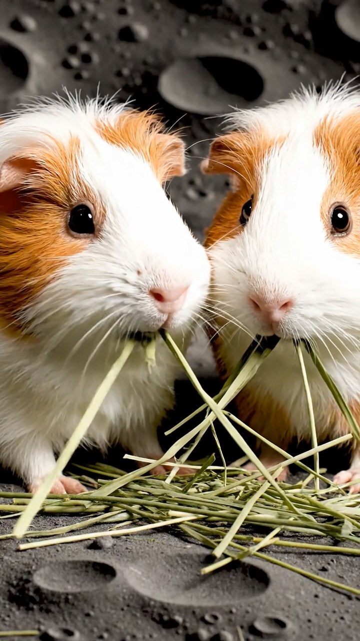 2039. Photorealistic scene of 2 smooth-haired White Crested guinea pigs featuring white and orange coats, eating alfalfa hay, on a barren moon landscape with craters.