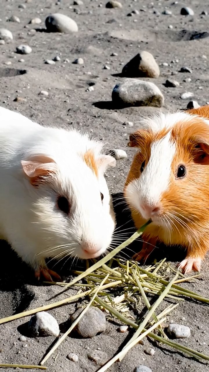 2039. Photorealistic scene of 2 smooth-haired White Crested guinea pigs featuring white and orange coats, eating alfalfa hay, on a barren moon landscape with craters.