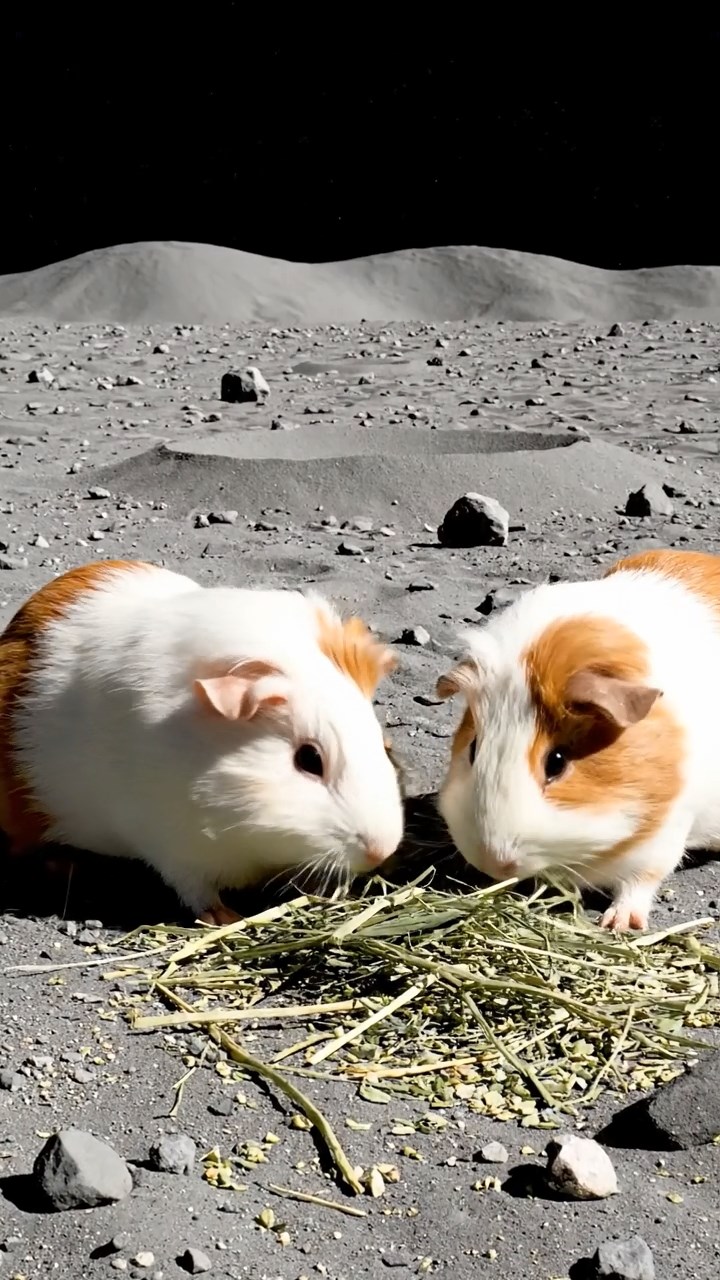 2039. Photorealistic scene of 2 smooth-haired White Crested guinea pigs featuring white and orange coats, eating alfalfa hay, on a barren moon landscape with craters.