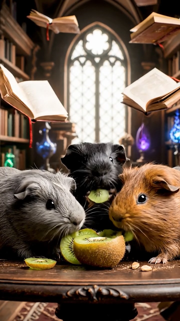 2040. Realistic depiction of 3 smooth-haired Skinny guinea pigs with gray, black, and brown fur, nibbling on kiwi skins, inside an arcane wizard's library with floating books.