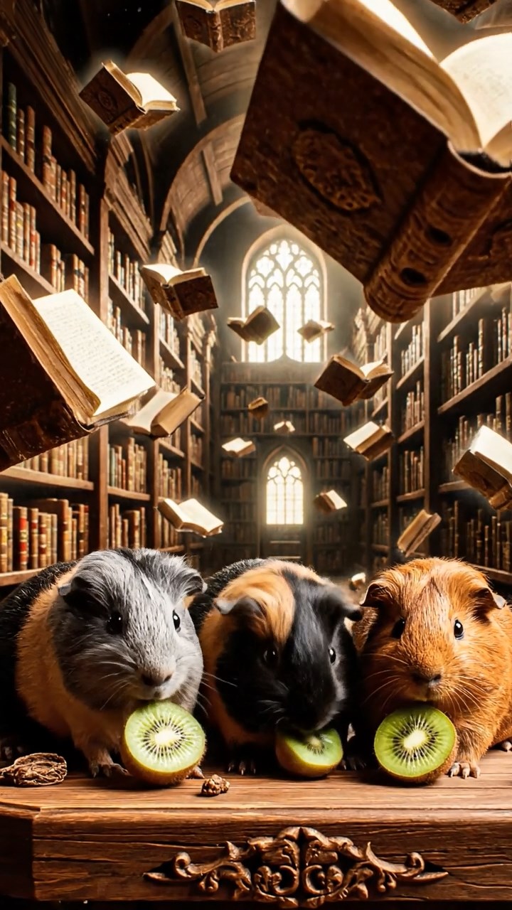 2040. Realistic depiction of 3 smooth-haired Skinny guinea pigs with gray, black, and brown fur, nibbling on kiwi skins, inside an arcane wizard's library with floating books.
