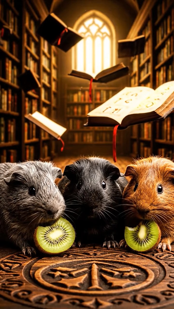 2040. Realistic depiction of 3 smooth-haired Skinny guinea pigs with gray, black, and brown fur, nibbling on kiwi skins, inside an arcane wizard's library with floating books.