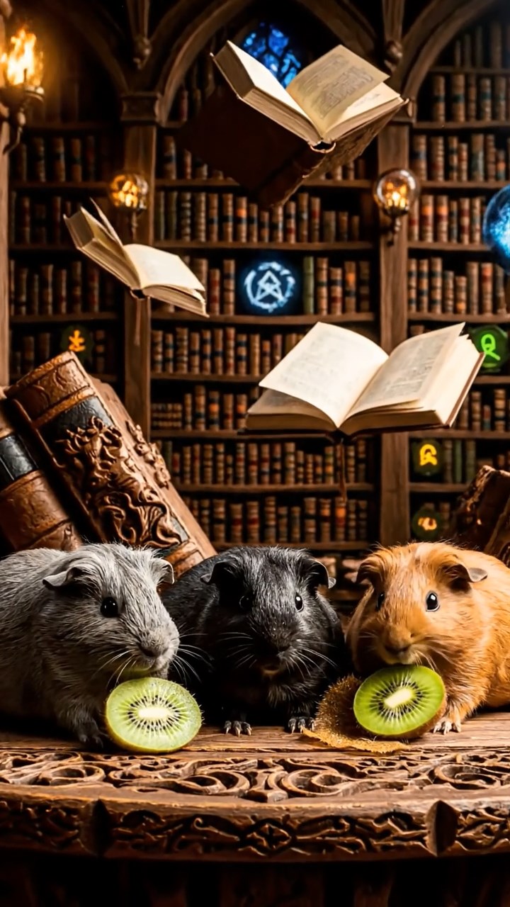 2040. Realistic depiction of 3 smooth-haired Skinny guinea pigs with gray, black, and brown fur, nibbling on kiwi skins, inside an arcane wizard's library with floating books.