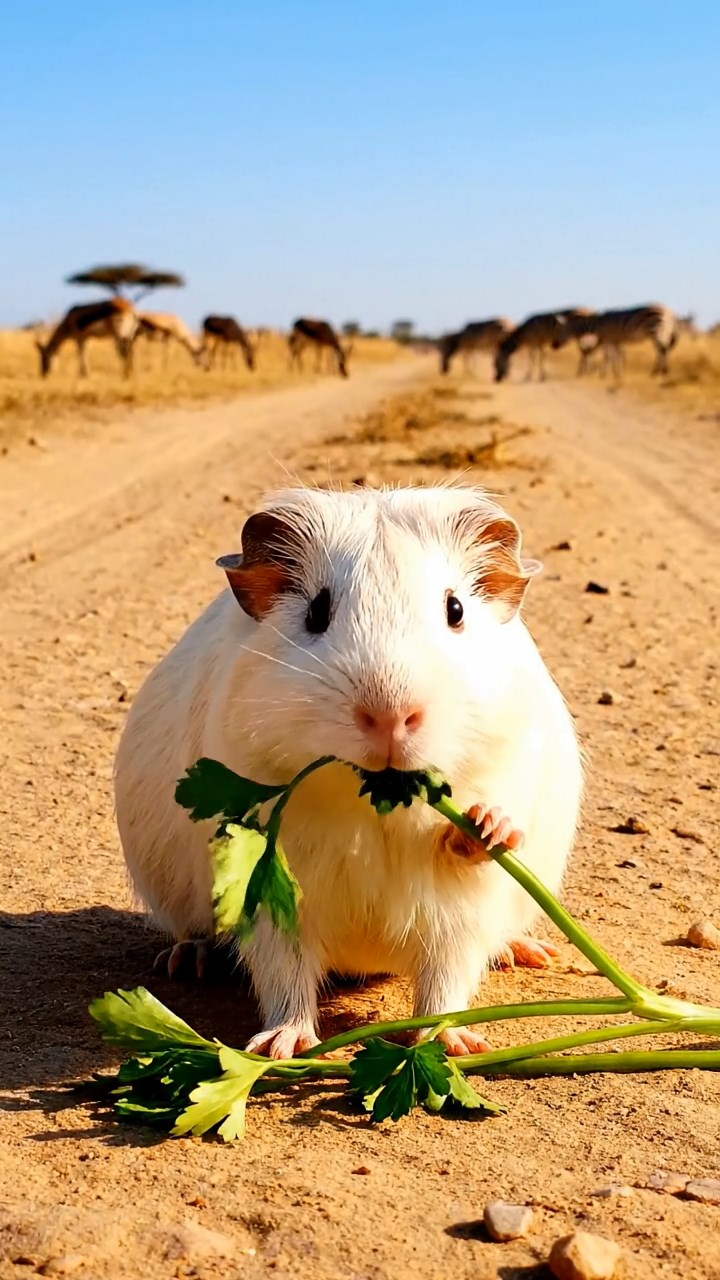2041. Detailed photo of 1 smooth-haired American guinea pig with cream fur, chewing on parsley stems, on an open savanna jeep trail with herds grazing.