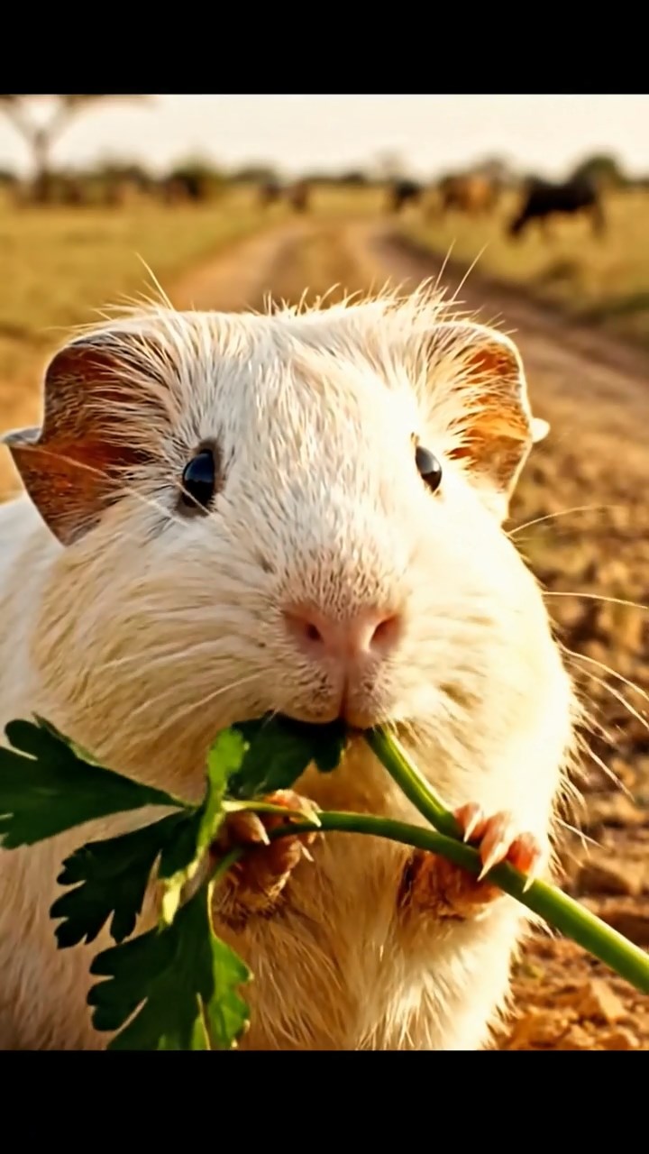 2041. Detailed photo of 1 smooth-haired American guinea pig with cream fur, chewing on parsley stems, on an open savanna jeep trail with herds grazing.
