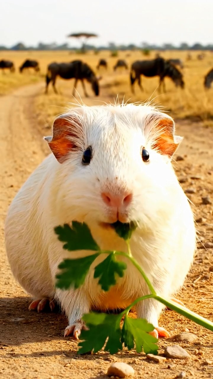 2041. Detailed photo of 1 smooth-haired American guinea pig with cream fur, chewing on parsley stems, on an open savanna jeep trail with herds grazing.