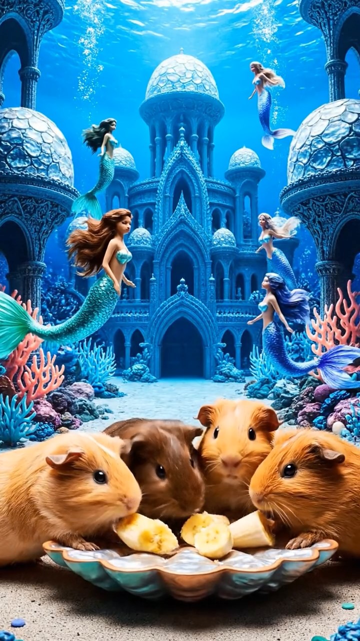 2042. Photorealistic image of 4 smooth-haired Abyssinian guinea pigs in fawn, chocolate, and cinnamon colors, sharing banana chunks, in a legendary underwater palace with merfolk.