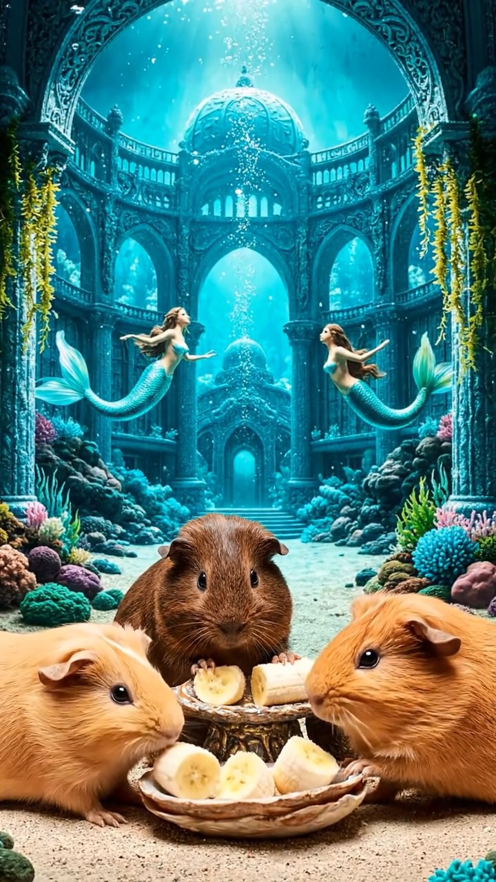 2042. Photorealistic image of 4 smooth-haired Abyssinian guinea pigs in fawn, chocolate, and cinnamon colors, sharing banana chunks, in a legendary underwater palace with merfolk.