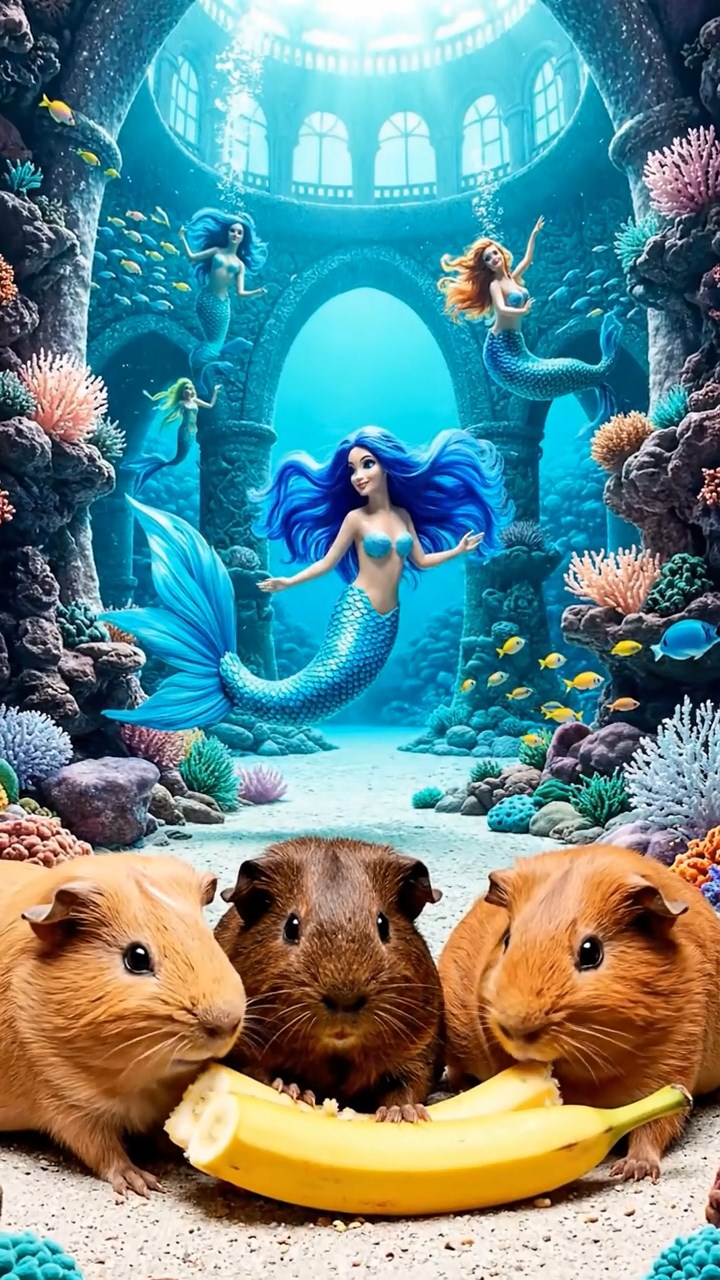 2042. Photorealistic image of 4 smooth-haired Abyssinian guinea pigs in fawn, chocolate, and cinnamon colors, sharing banana chunks, in a legendary underwater palace with merfolk.