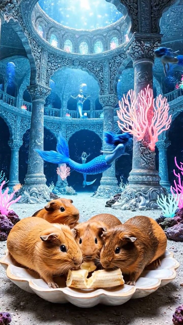 2042. Photorealistic image of 4 smooth-haired Abyssinian guinea pigs in fawn, chocolate, and cinnamon colors, sharing banana chunks, in a legendary underwater palace with merfolk.