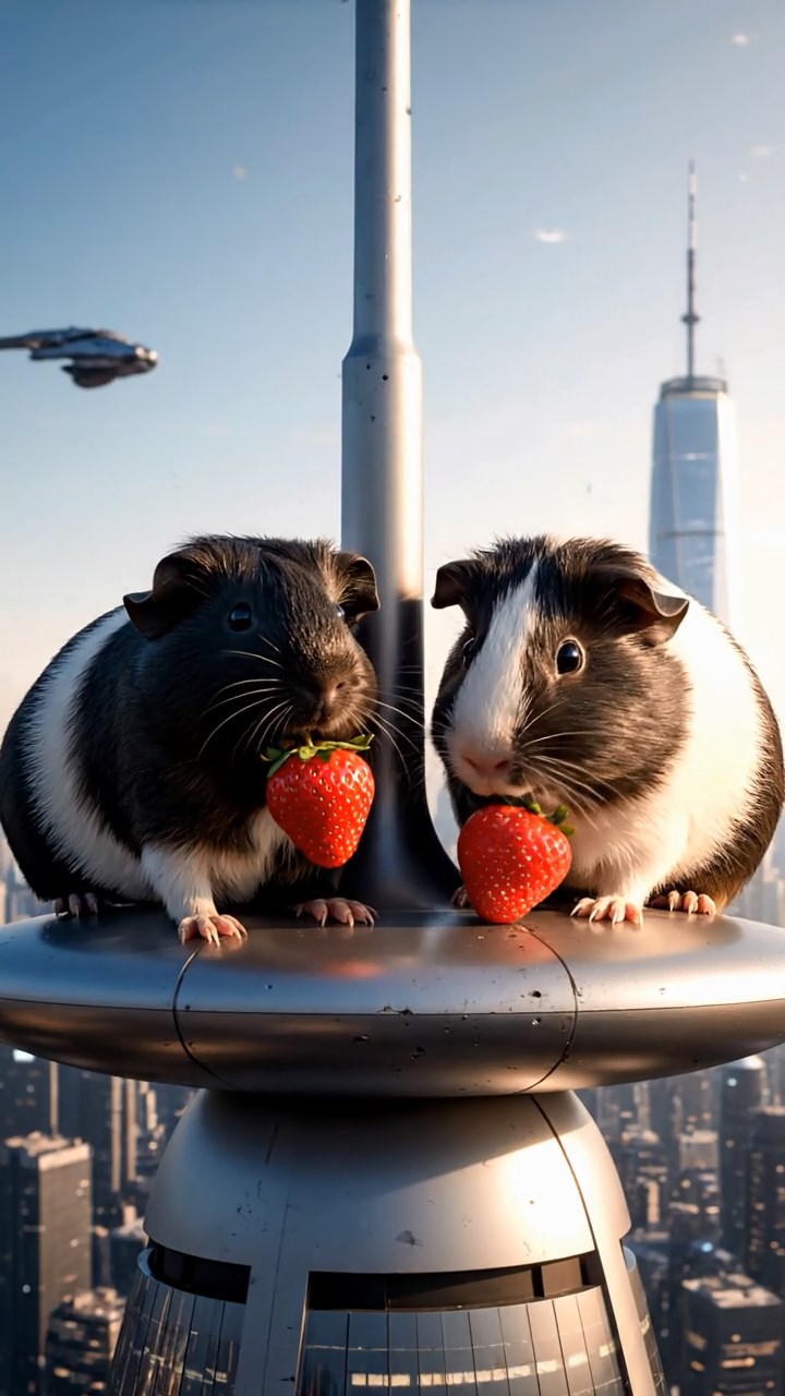 2043. Realistic scene of 2 smooth-haired Peruvian guinea pigs with sable and white fur, munching on strawberry tops, atop an iconic building antenna with cityscape.