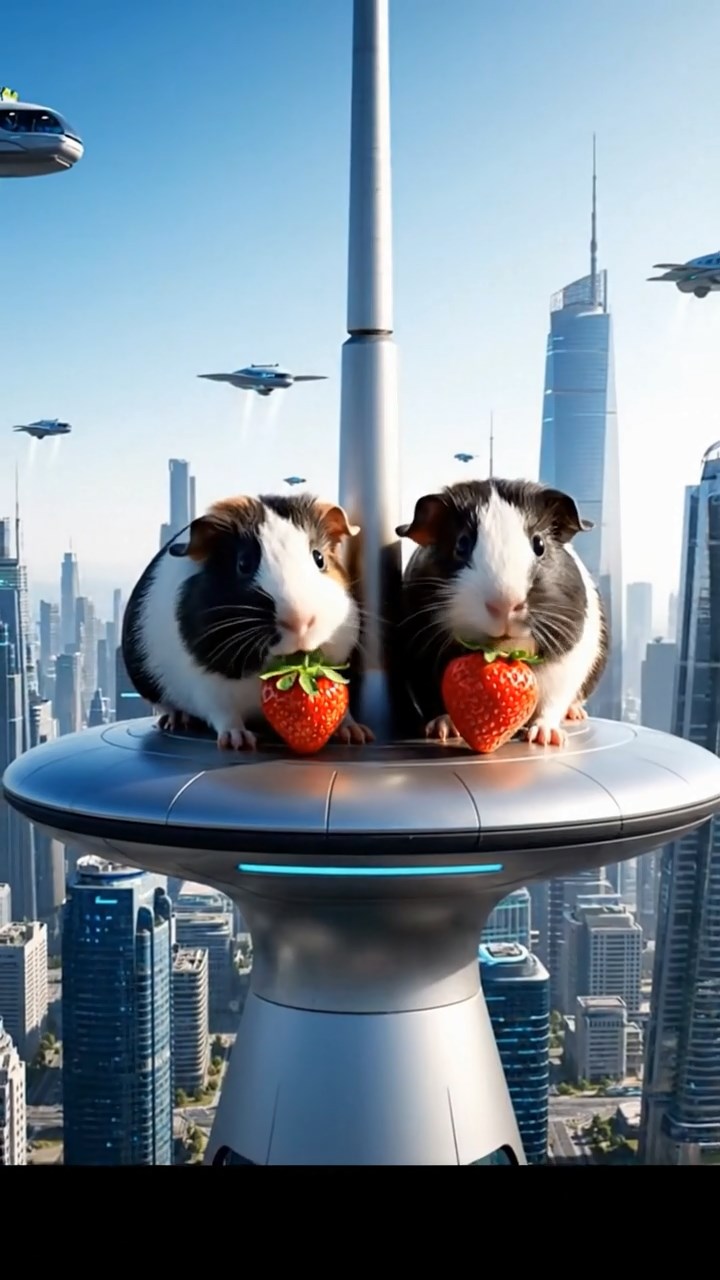 2043. Realistic scene of 2 smooth-haired Peruvian guinea pigs with sable and white fur, munching on strawberry tops, atop an iconic building antenna with cityscape.