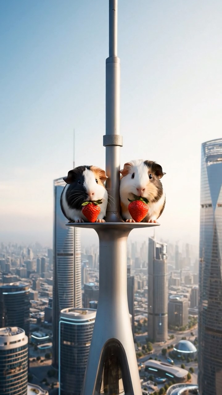 2043. Realistic scene of 2 smooth-haired Peruvian guinea pigs with sable and white fur, munching on strawberry tops, atop an iconic building antenna with cityscape.