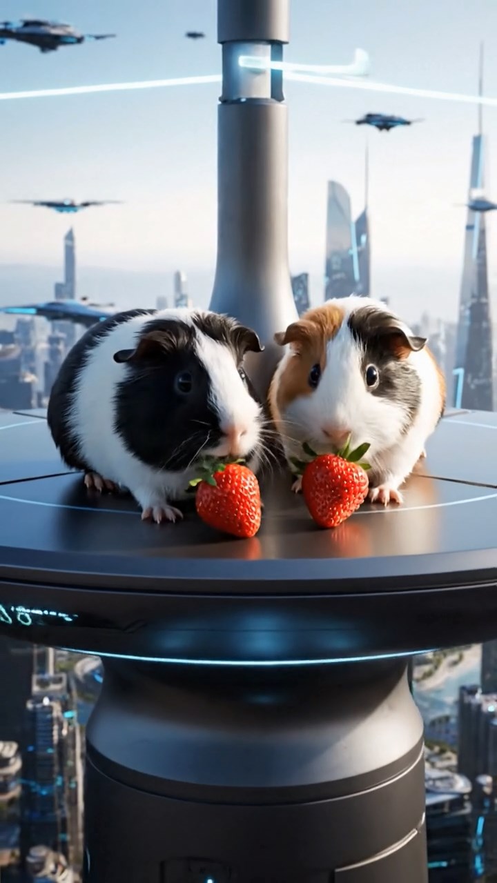 2043. Realistic scene of 2 smooth-haired Peruvian guinea pigs with sable and white fur, munching on strawberry tops, atop an iconic building antenna with cityscape.