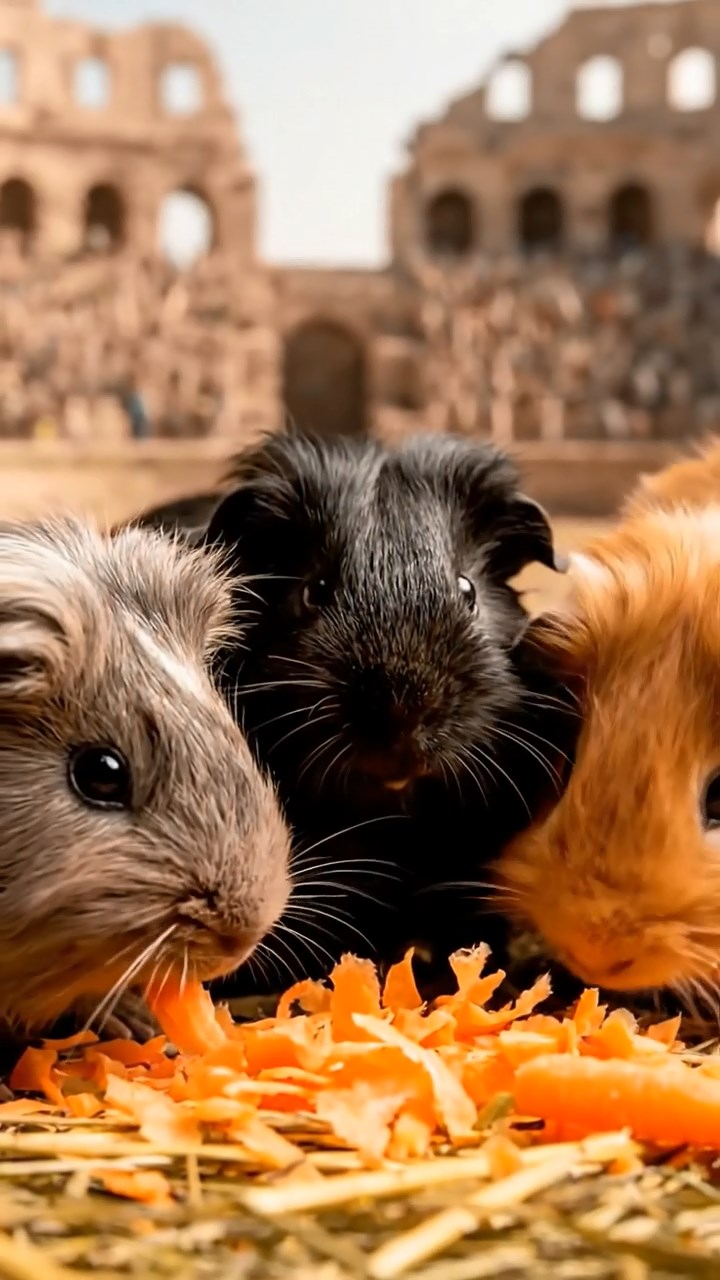 2044. Highly detailed view of 5 smooth-haired Silkie guinea pigs featuring orange, gray, and black coats, eating carrot shreds, in a historic arena with echoes of crowds.