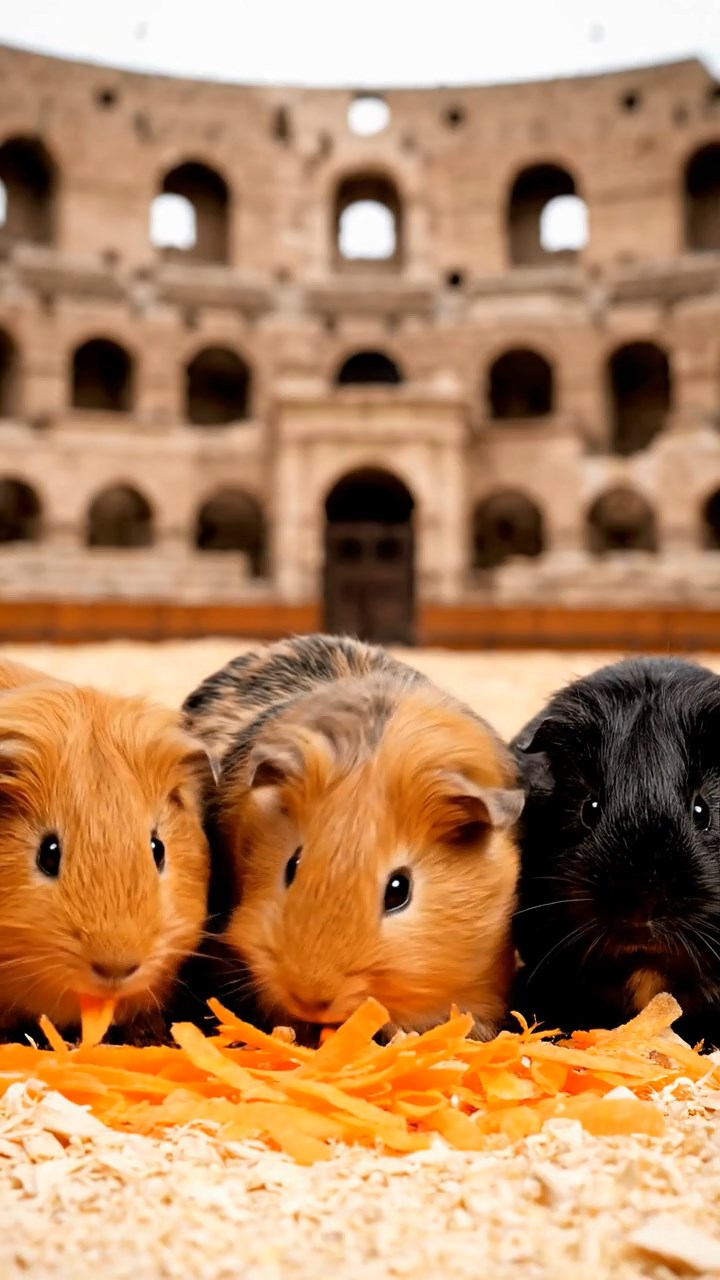 2044. Highly detailed view of 5 smooth-haired Silkie guinea pigs featuring orange, gray, and black coats, eating carrot shreds, in a historic arena with echoes of crowds.