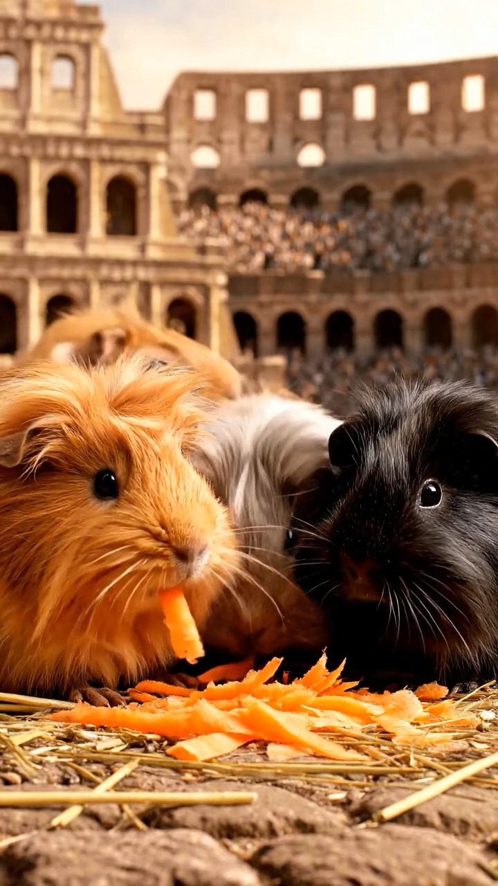 2044. Highly detailed view of 5 smooth-haired Silkie guinea pigs featuring orange, gray, and black coats, eating carrot shreds, in a historic arena with echoes of crowds.