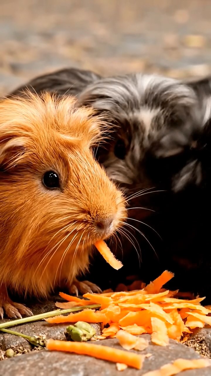 2044. Highly detailed view of 5 smooth-haired Silkie guinea pigs featuring orange, gray, and black coats, eating carrot shreds, in a historic arena with echoes of crowds.