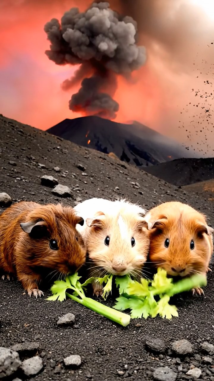 2045. Photorealistic photo of 3 smooth-haired Teddy guinea pigs with brown, cream, and fawn fur, nibbling on celery leaves, on an active volcano slope with ash clouds.