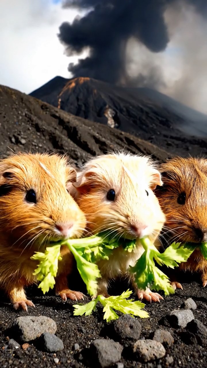2045. Photorealistic photo of 3 smooth-haired Teddy guinea pigs with brown, cream, and fawn fur, nibbling on celery leaves, on an active volcano slope with ash clouds.