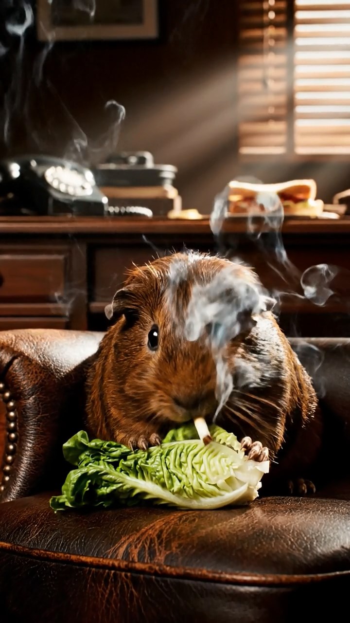 2046. Realistic depiction of 1 smooth-haired Texel guinea pig with chocolate fur, chewing on romaine hearts, inside a shadowy gumshoe office with cigarette smoke.