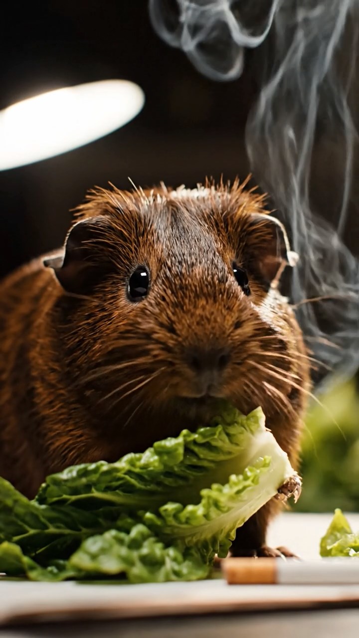 2046. Realistic depiction of 1 smooth-haired Texel guinea pig with chocolate fur, chewing on romaine hearts, inside a shadowy gumshoe office with cigarette smoke.
