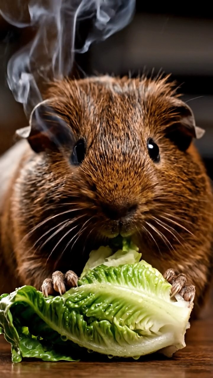 2046. Realistic depiction of 1 smooth-haired Texel guinea pig with chocolate fur, chewing on romaine hearts, inside a shadowy gumshoe office with cigarette smoke.