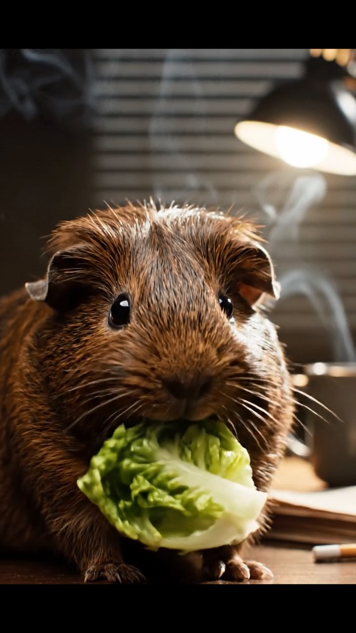 2046. Realistic depiction of 1 smooth-haired Texel guinea pig with chocolate fur, chewing on romaine hearts, inside a shadowy gumshoe office with cigarette smoke.