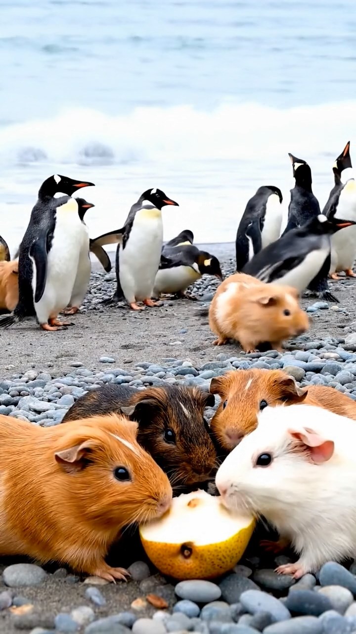 2047. Detailed image of 4 smooth-haired Rex guinea pigs in cinnamon, sable, and white colors, sharing pear cores, on a bustling penguin beach with waves crashing.