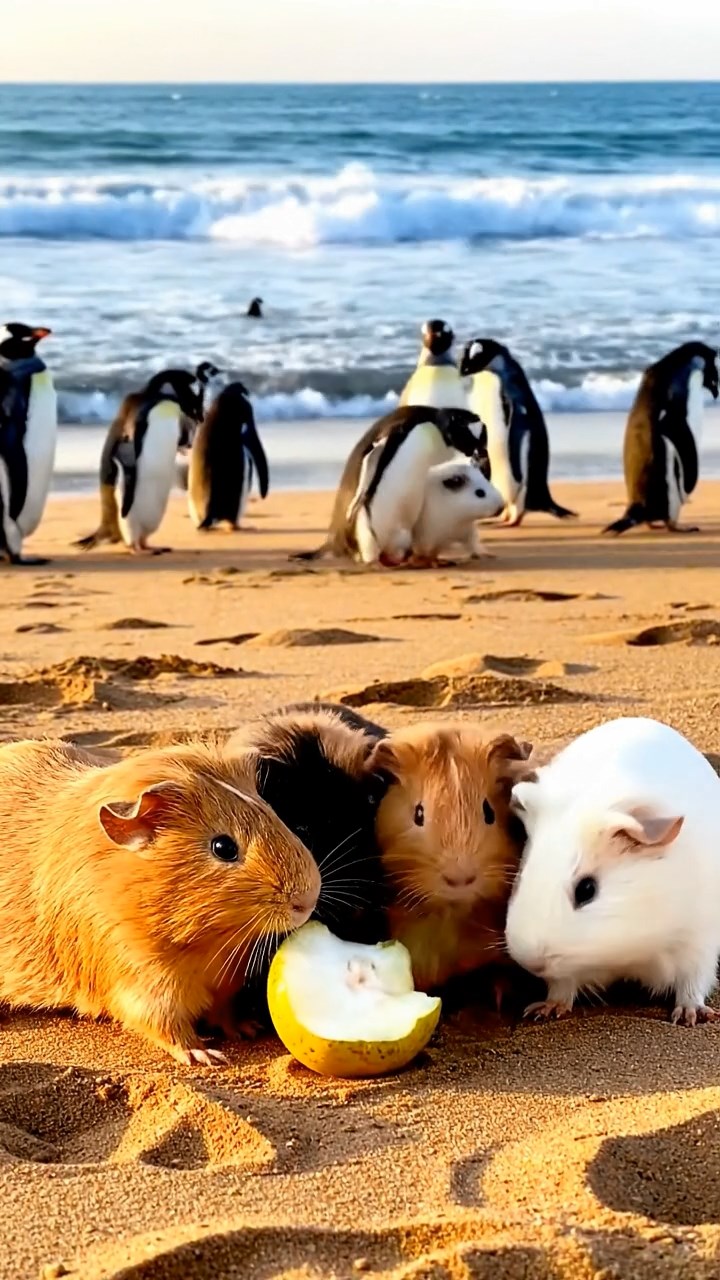 2047. Detailed image of 4 smooth-haired Rex guinea pigs in cinnamon, sable, and white colors, sharing pear cores, on a bustling penguin beach with waves crashing.