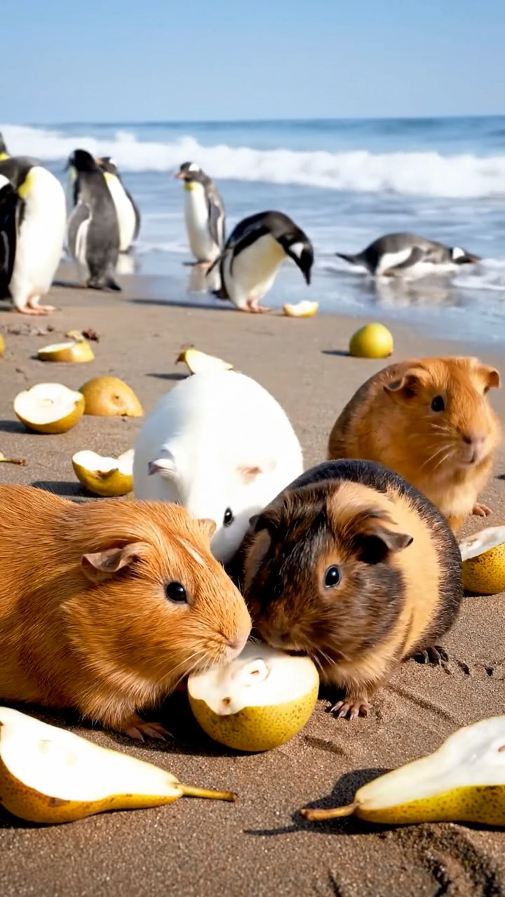 2047. Detailed image of 4 smooth-haired Rex guinea pigs in cinnamon, sable, and white colors, sharing pear cores, on a bustling penguin beach with waves crashing.