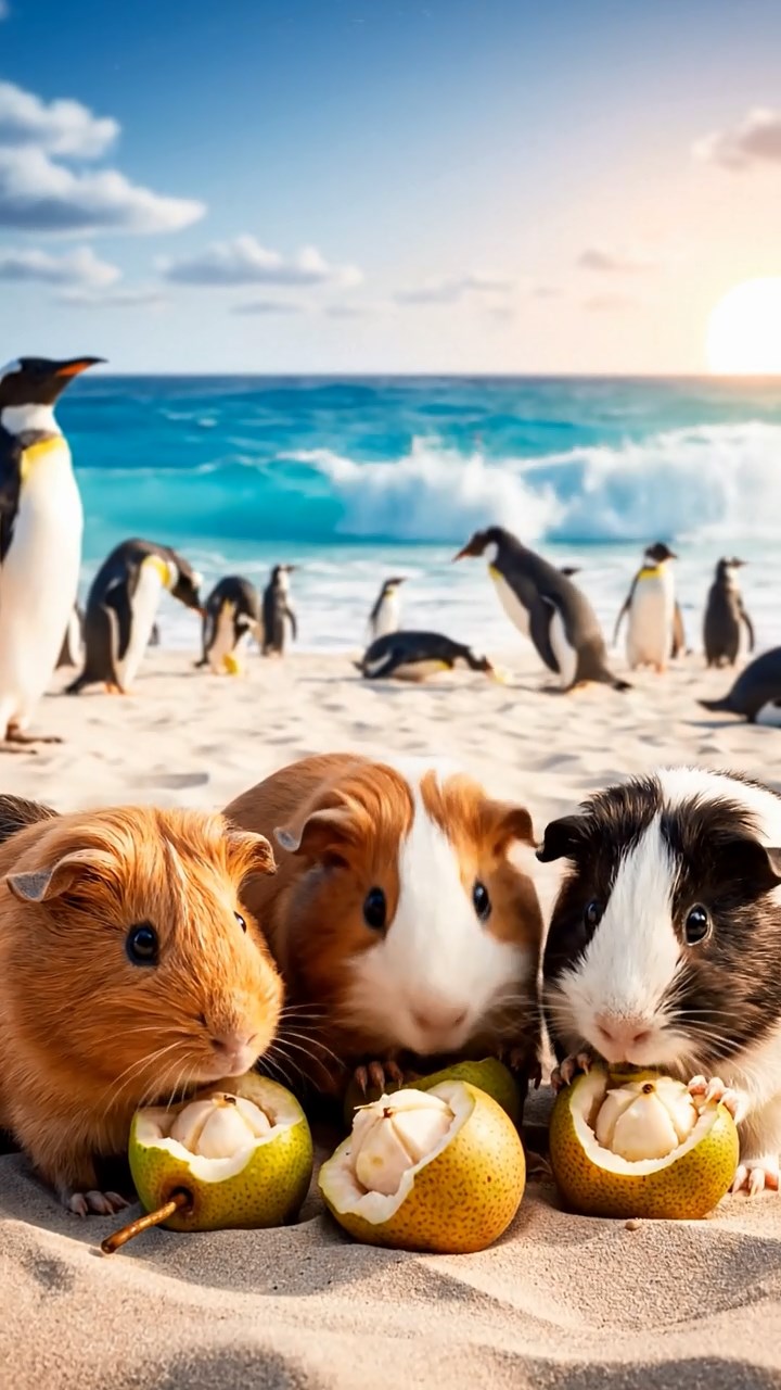 2047. Detailed image of 4 smooth-haired Rex guinea pigs in cinnamon, sable, and white colors, sharing pear cores, on a bustling penguin beach with waves crashing.