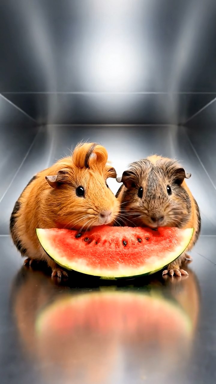 2048. Photorealistic scene of 2 smooth-haired Coronet guinea pigs with orange and gray fur, munching on watermelon slices, in a bizarre upside-down gravity room.