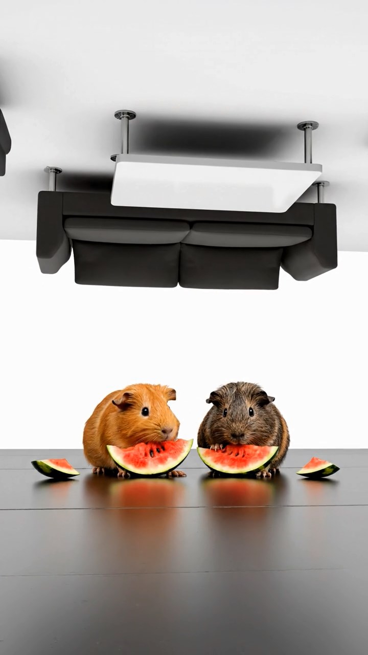 2048. Photorealistic scene of 2 smooth-haired Coronet guinea pigs with orange and gray fur, munching on watermelon slices, in a bizarre upside-down gravity room.