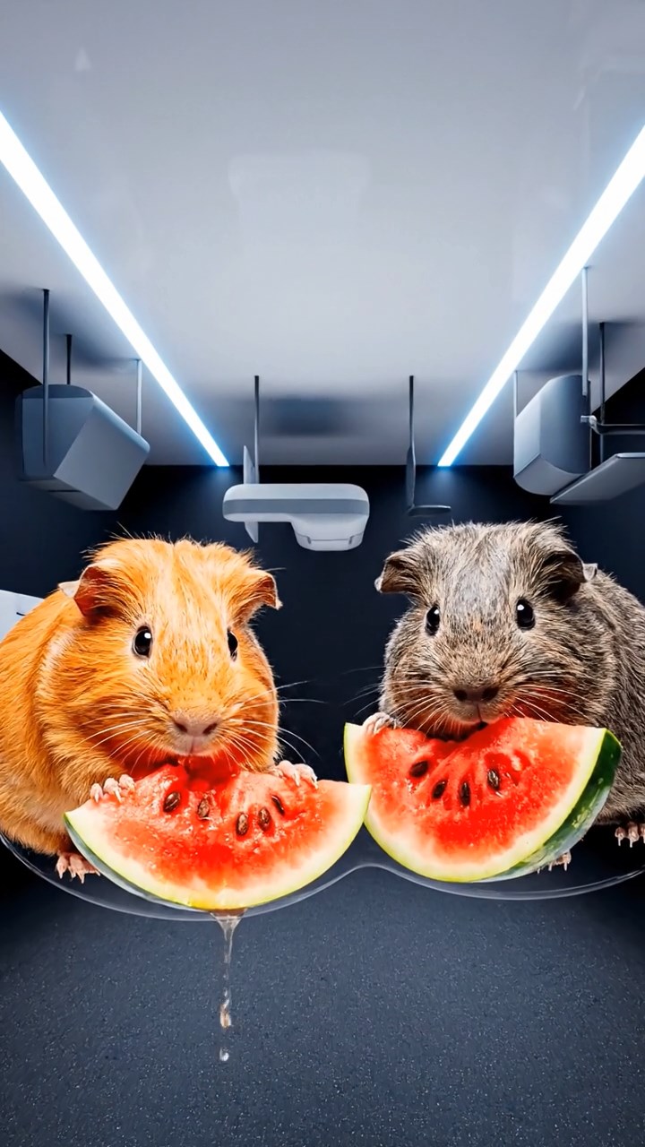 2048. Photorealistic scene of 2 smooth-haired Coronet guinea pigs with orange and gray fur, munching on watermelon slices, in a bizarre upside-down gravity room.