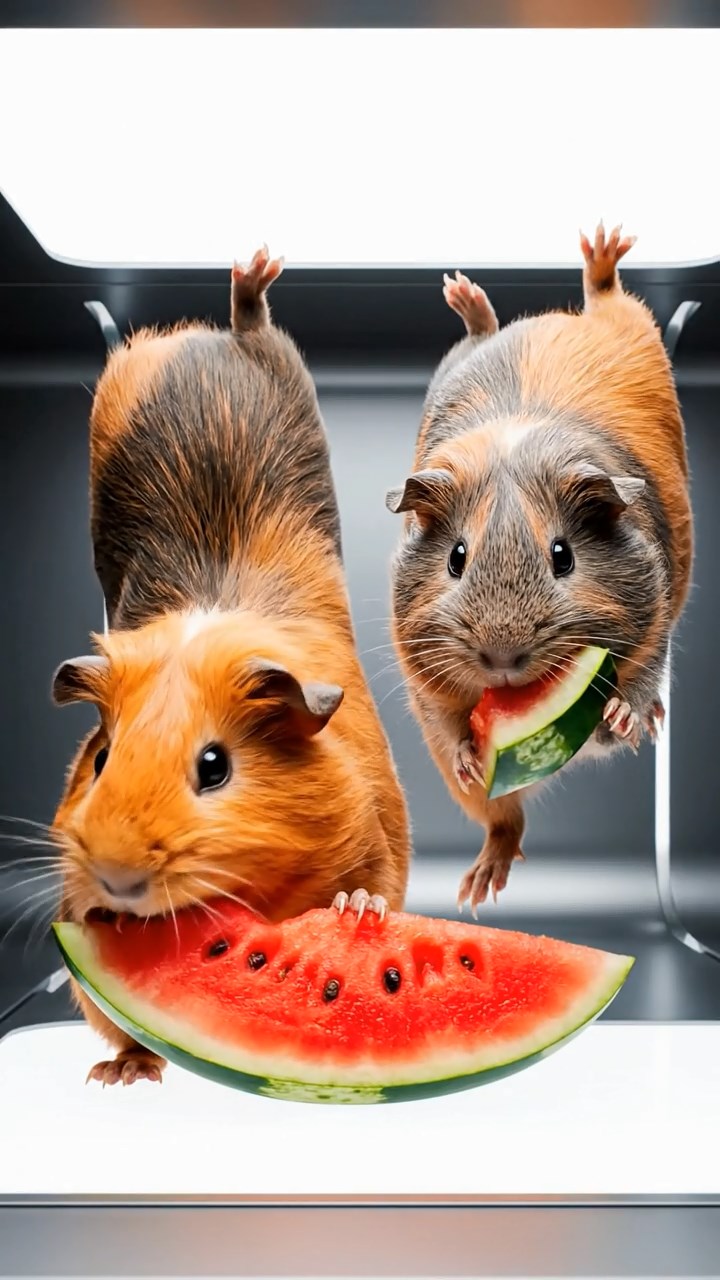 2048. Photorealistic scene of 2 smooth-haired Coronet guinea pigs with orange and gray fur, munching on watermelon slices, in a bizarre upside-down gravity room.