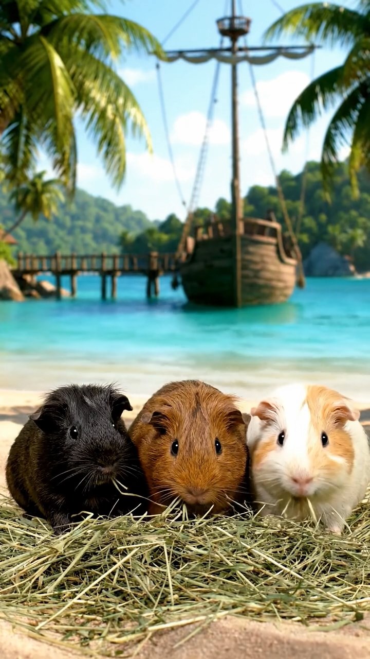 2049. Realistic photo of 3 smooth-haired White Crested guinea pigs featuring black, brown, and cream coats, eating timothy hay, on a hidden pirate lagoon with palms.