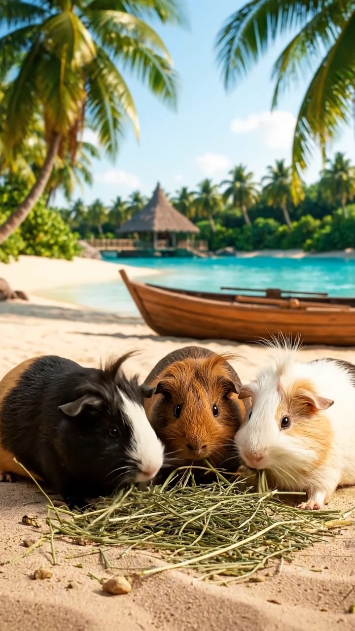 2049. Realistic photo of 3 smooth-haired White Crested guinea pigs featuring black, brown, and cream coats, eating timothy hay, on a hidden pirate lagoon with palms.