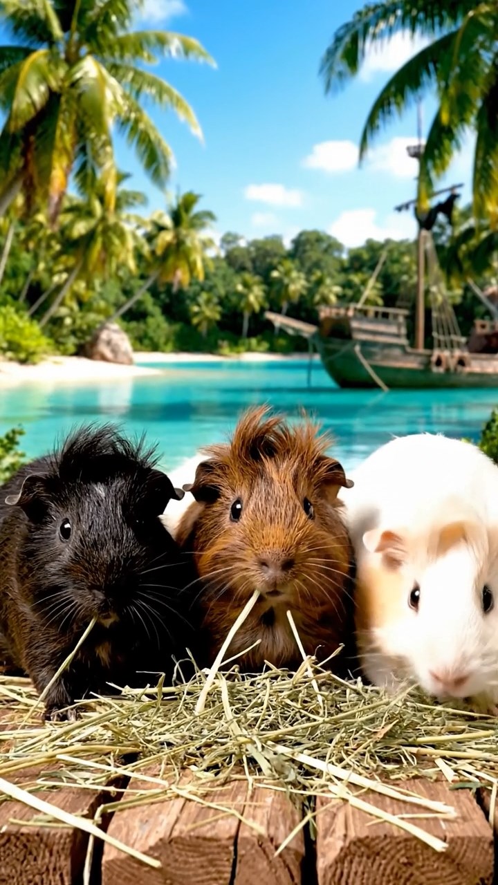 2049. Realistic photo of 3 smooth-haired White Crested guinea pigs featuring black, brown, and cream coats, eating timothy hay, on a hidden pirate lagoon with palms.