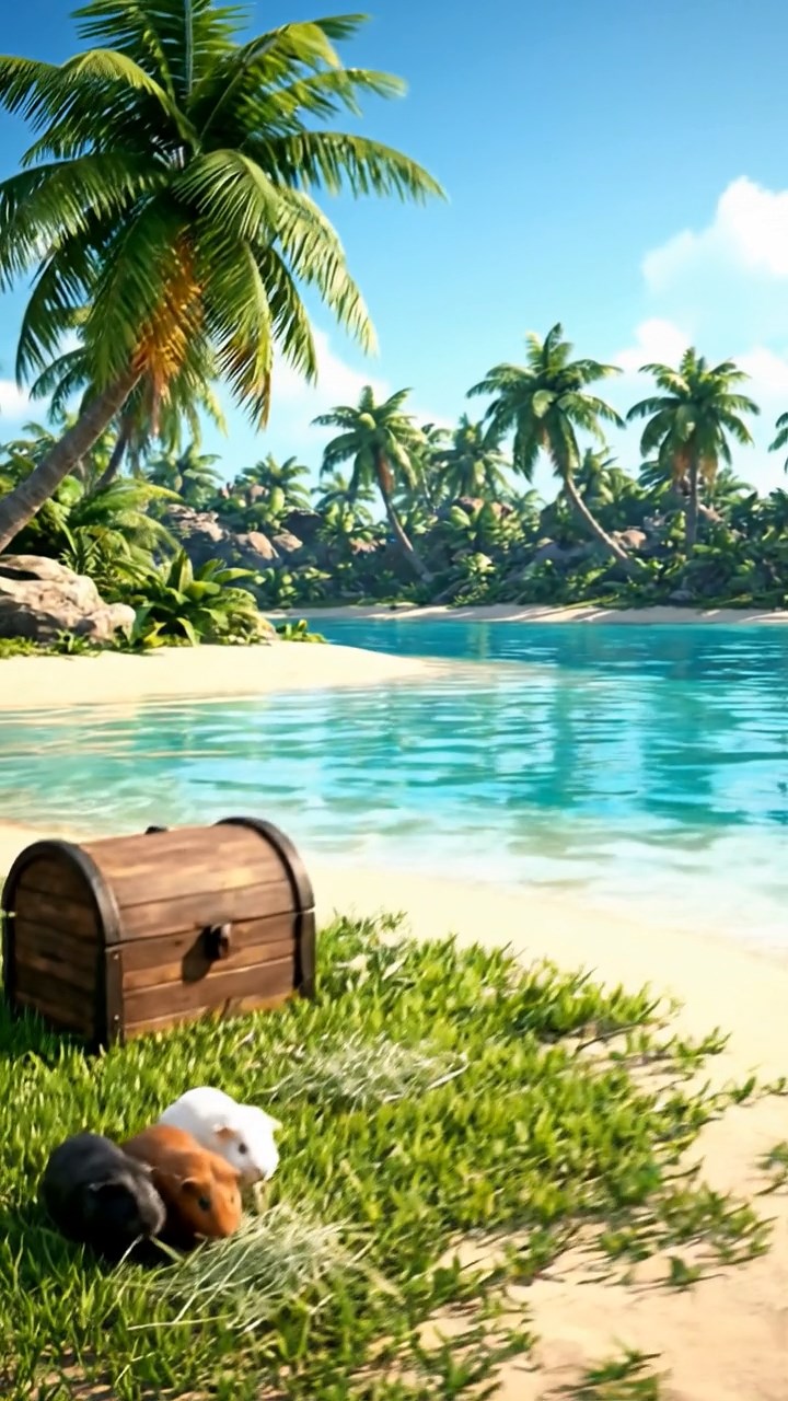 2049. Realistic photo of 3 smooth-haired White Crested guinea pigs featuring black, brown, and cream coats, eating timothy hay, on a hidden pirate lagoon with palms.