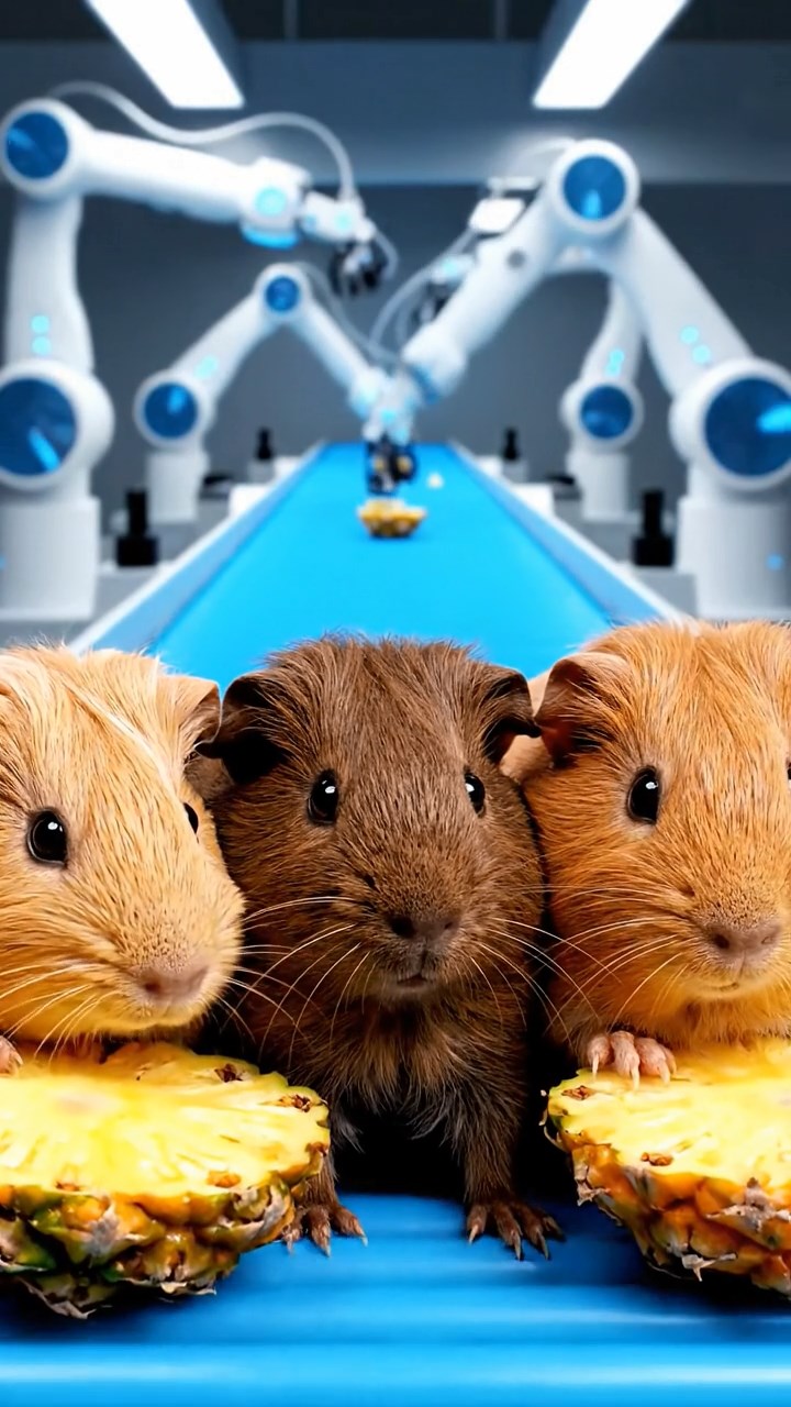 2050. Highly detailed view of 5 smooth-haired Skinny guinea pigs with fawn, chocolate, and cinnamon fur, nibbling on pineapple cores, inside a mechanized factory line with robots.