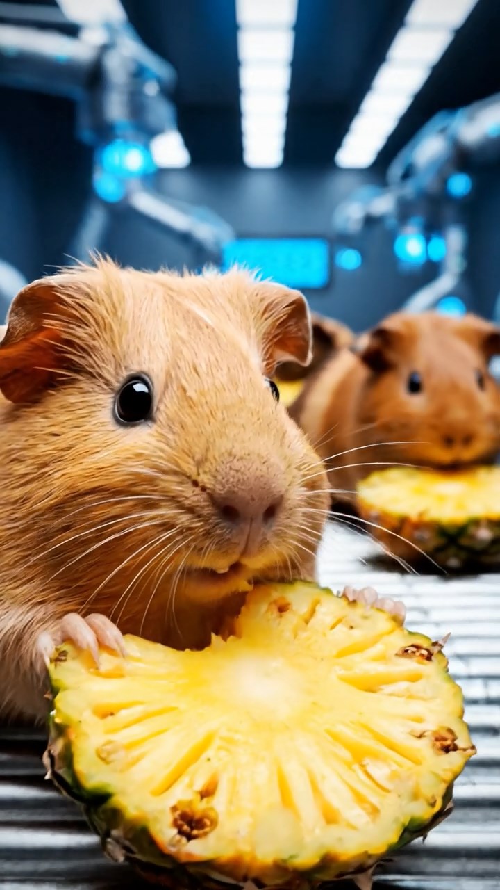 2050. Highly detailed view of 5 smooth-haired Skinny guinea pigs with fawn, chocolate, and cinnamon fur, nibbling on pineapple cores, inside a mechanized factory line with robots.