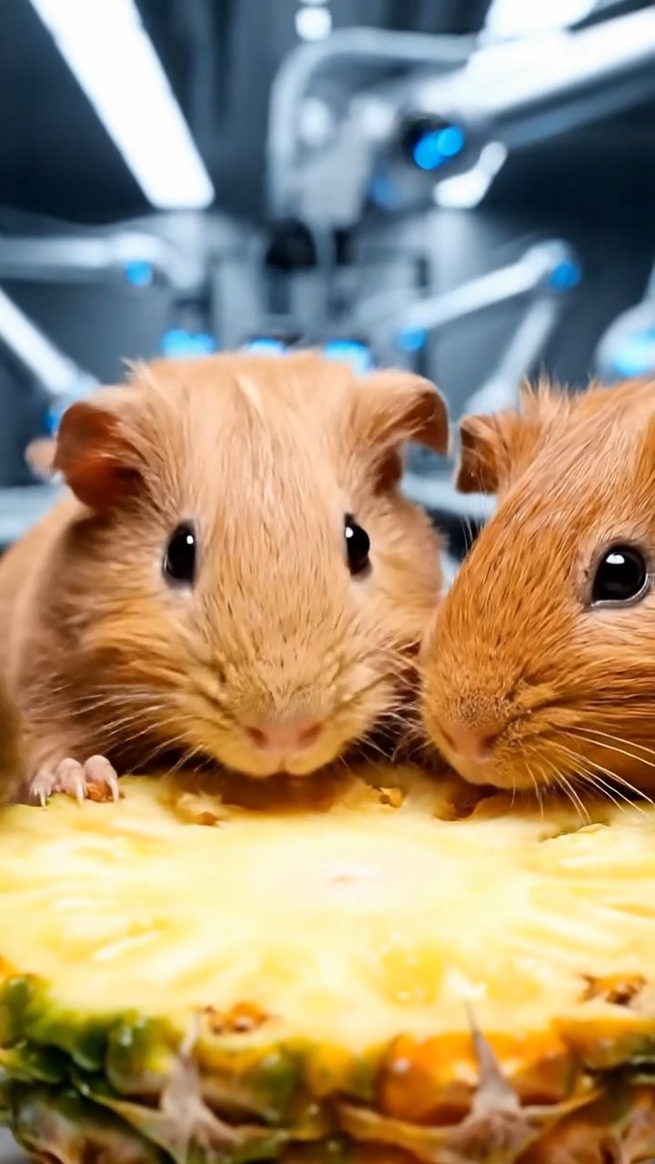 2050. Highly detailed view of 5 smooth-haired Skinny guinea pigs with fawn, chocolate, and cinnamon fur, nibbling on pineapple cores, inside a mechanized factory line with robots.